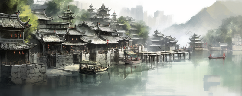 船只阁楼热闹人群水墨画建筑中国风背景,插画/手绘图,插画/手绘图库,插画/手绘图下载,插画/手绘